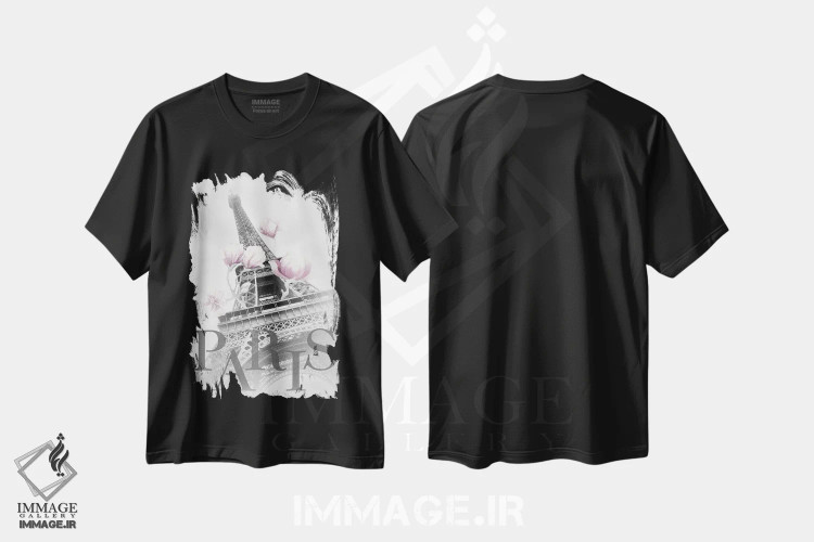 تیشرت مشکی طرح دار – تیشرت عکاسی ,مگنولیاهای پاریس و برج ایفل اثر ملانی ویولا immage.ir