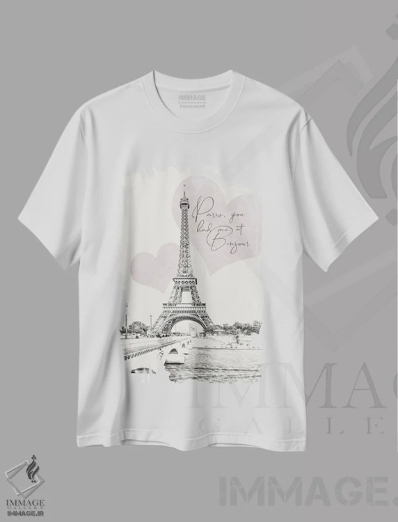 تیشرت سفید طرح دار – تیشرت هنری ,پاریس، با اولین سلام دلباخته ات شدم اثر ملانی ویولا immage.ir
