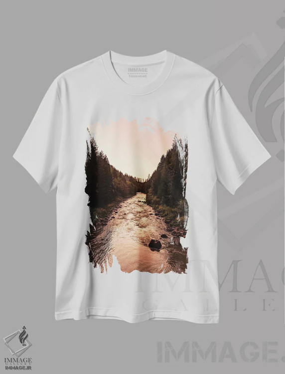 تیشرت سفید طرح دار – تیشرت طبیعت ,غروب رودخانه وحشی در جنگل اثر نیچر مجیک فروشگاه ایماژ