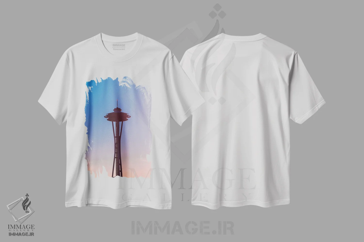 تیشرت سفید طرح دار – تیشرت شهری ,غروب برج سوزنی سیاتل، واشنگتن اثر نیچر مجیک immage.ir
