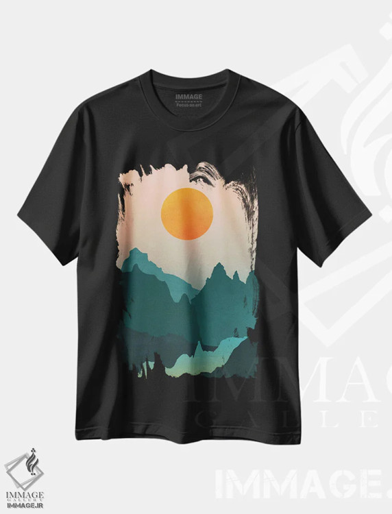 تیشرت مشکی طرح دار – تیشرت انتزاعی ,ماجراجویی کوهستانی سبزآبی با طلوع خورشید اثر نیچر مجیک فروشگاه ایماژ