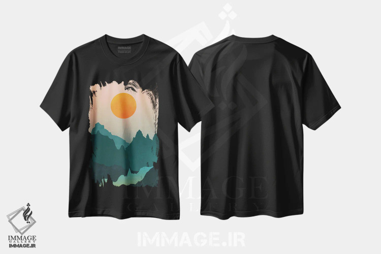 تیشرت مشکی طرح دار – تیشرت انتزاعی ,ماجراجویی کوهستانی سبزآبی با طلوع خورشید اثر نیچر مجیک فروشگاه ایماژ