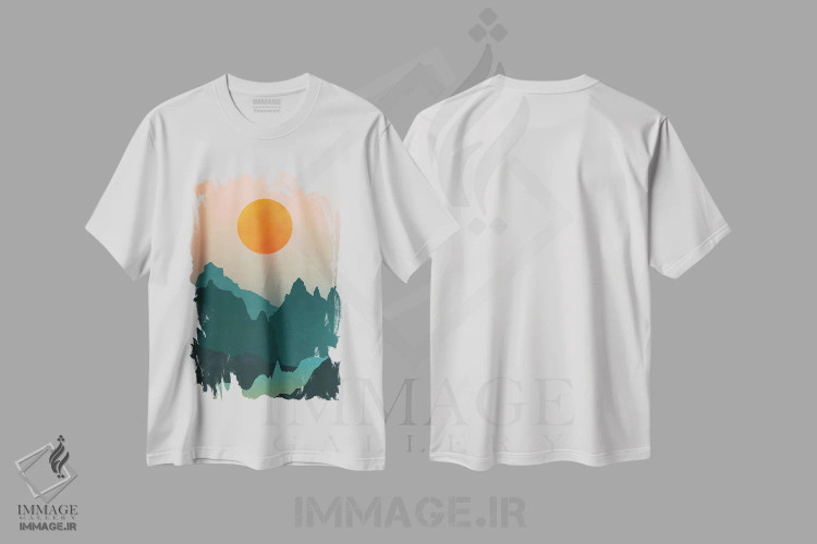 تیشرت سفید طرح دار – تیشرت انتزاعی ,ماجراجویی کوهستانی سبزآبی با طلوع خورشید اثر نیچر مجیک immage.ir