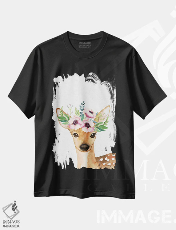 تیشرت مشکی طرح دار – تیشرت هنری طبیعت ,آبرنگ بچه گوزن کودکانه اثر نیچر مجیک immage.ir