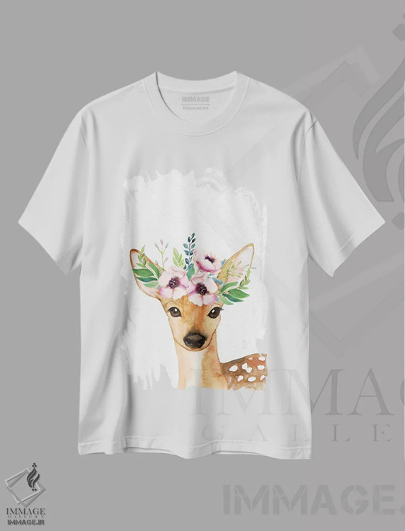 تیشرت سفید طرح دار – تیشرت هنری طبیعت ,آبرنگ بچه گوزن کودکانه اثر نیچر مجیک فروشگاه ایماژ