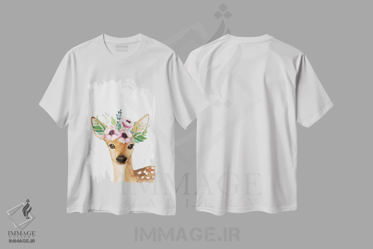 تیشرت سفید طرح دار – تیشرت هنری طبیعت ,آبرنگ بچه گوزن کودکانه اثر نیچر مجیک فروشگاه ایماژ