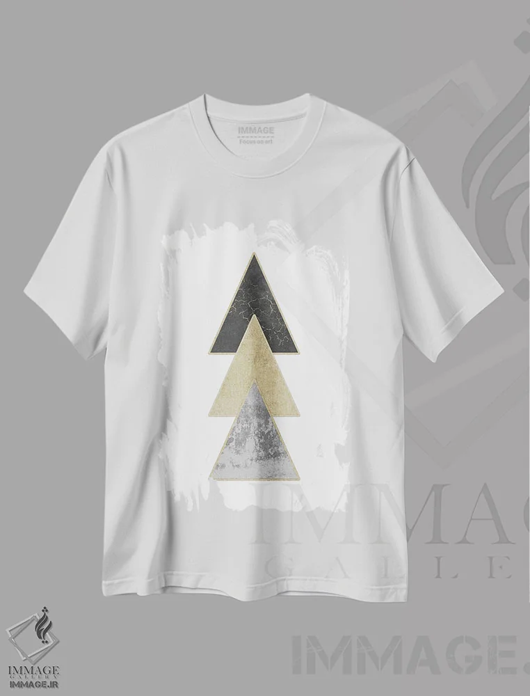 تیشرت سفید طرح دار – تیشرت هندسی طلایی ,هنر انتزاعی مثلث های طلایی هندسی مدرن اثر نیچر مجیک فروشگاه ایماژ