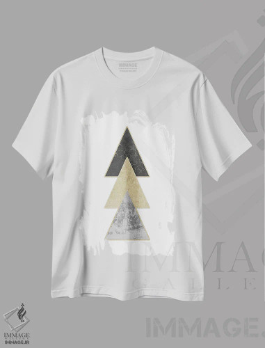 تیشرت سفید طرح دار – تیشرت هندسی طلایی ,هنر انتزاعی مثلث های طلایی هندسی مدرن اثر نیچر مجیک فروشگاه ایماژ