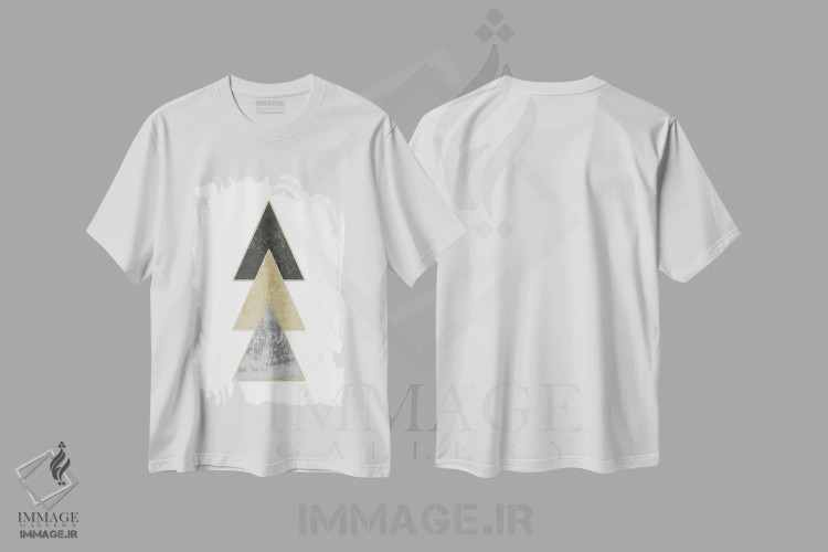 تیشرت سفید طرح دار – تیشرت هندسی طلایی ,هنر انتزاعی مثلث های طلایی هندسی مدرن اثر نیچر مجیک فروشگاه ایماژ