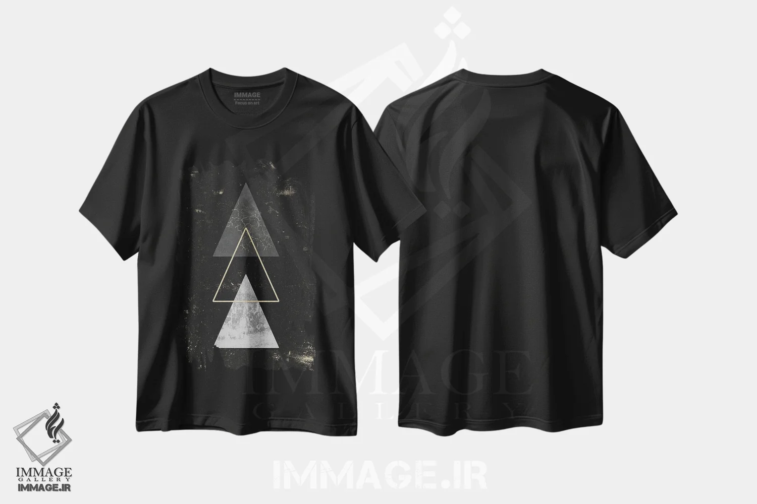 تیشرت مشکی طرح دار – تیشرت انتزاعی هندسی ,هنر انتزاعی مثلث های طلایی هندسی مدرن اثر نیچر مجیک فروشگاه ایماژ