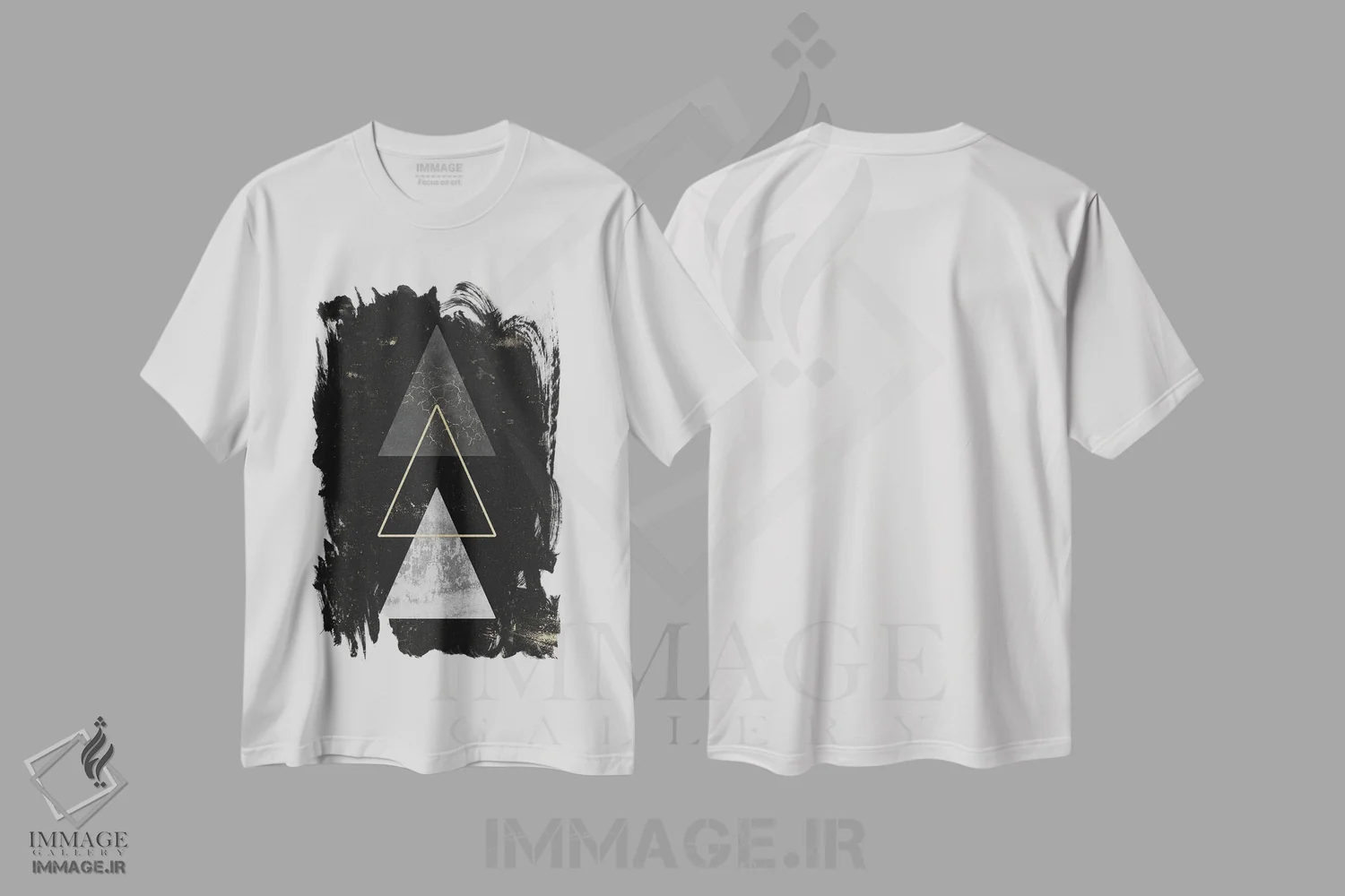 تیشرت سفید طرح دار – تیشرت انتزاعی هندسی ,هنر انتزاعی مثلث های طلایی هندسی مدرن اثر نیچر مجیک immage.ir