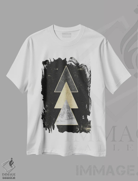 تیشرت سفید طرح دار – تیشرت انتزاعی مدرن ,هنر انتزاعی مدرن مثلث های هندسی طلایی اثر نیچر مجیک immage.ir