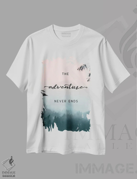 تیشرت سفید طرح دار – تیشرت طبیعت ,ماجراجویی هرگز تمام نمی شود - سه لت کوهستان و جنگل اثر نیچر مجیک immage.ir
