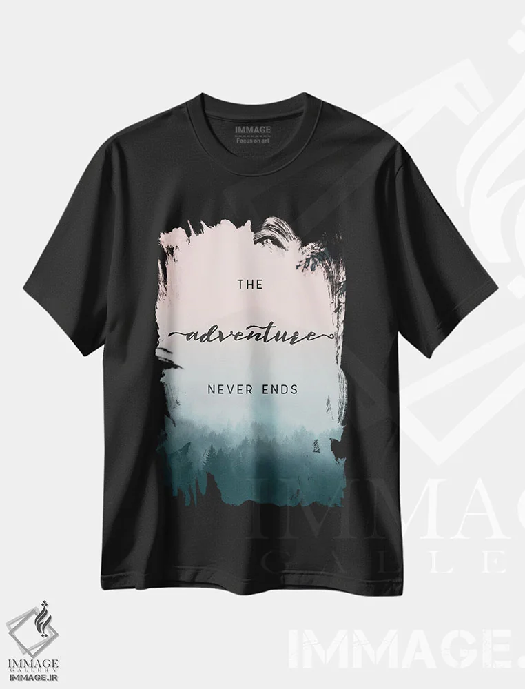 تیشرت مشکی طرح دار – تیشرت طبیعت ,ماجراجویی هرگز تمام نمی شود - سه لت کوهستان و جنگل اثر نیچر مجیک فروشگاه ایماژ