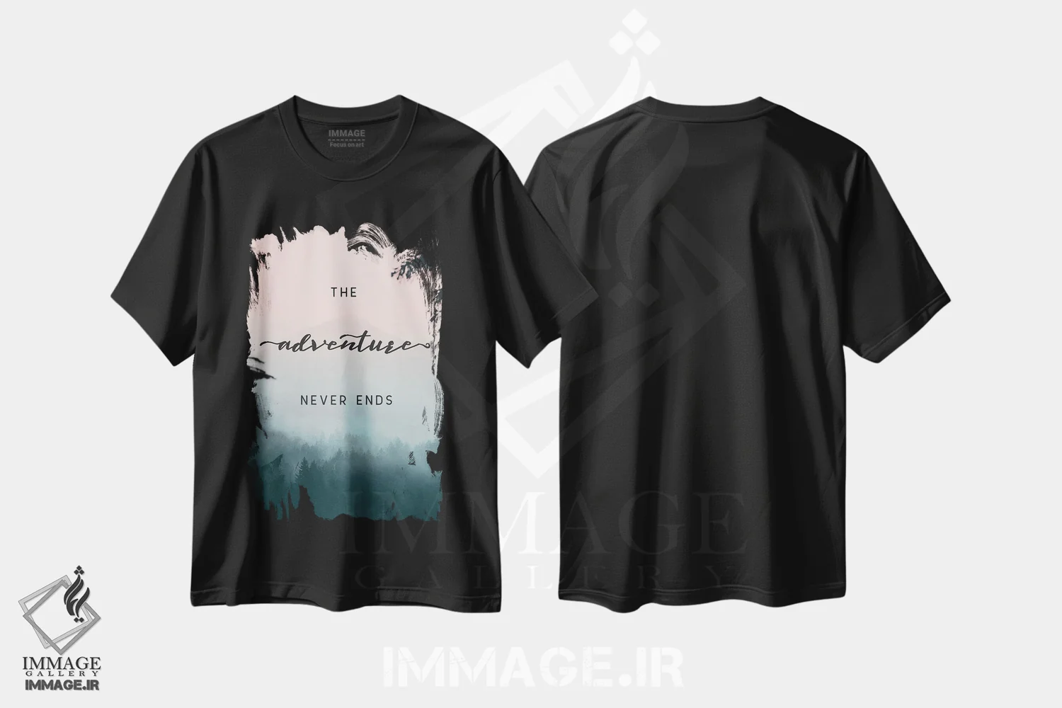 تیشرت مشکی طرح دار – تیشرت طبیعت ,ماجراجویی هرگز تمام نمی شود - سه لت کوهستان و جنگل اثر نیچر مجیک فروشگاه ایماژ