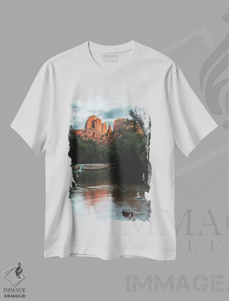تیشرت سفید طرح دار – تیشرت منظره ,غروب صخره کاتدرال اثر نیچر مجیک immage.ir