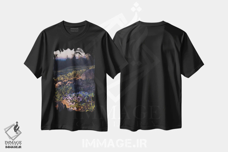 تیشرت مشکی طرح دار – تیشرت طبیعت ,غروب کوه پیمایی با گل های بنفش وحشی اثر نیچر مجیک فروشگاه ایماژ