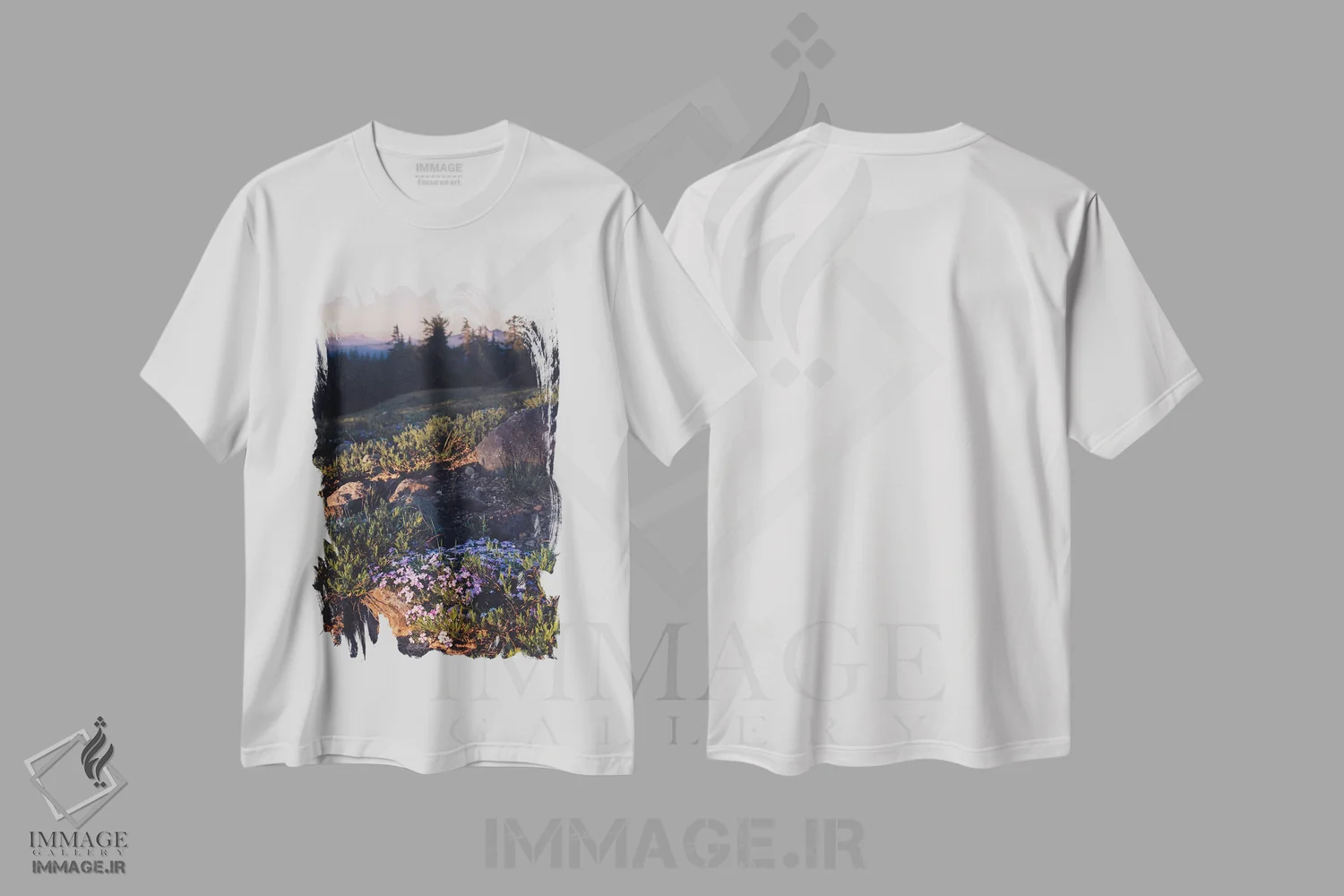 تیشرت سفید طرح دار – تیشرت طبیعت ,غروب کوه پیمایی با گل های بنفش وحشی اثر نیچر مجیک immage.ir