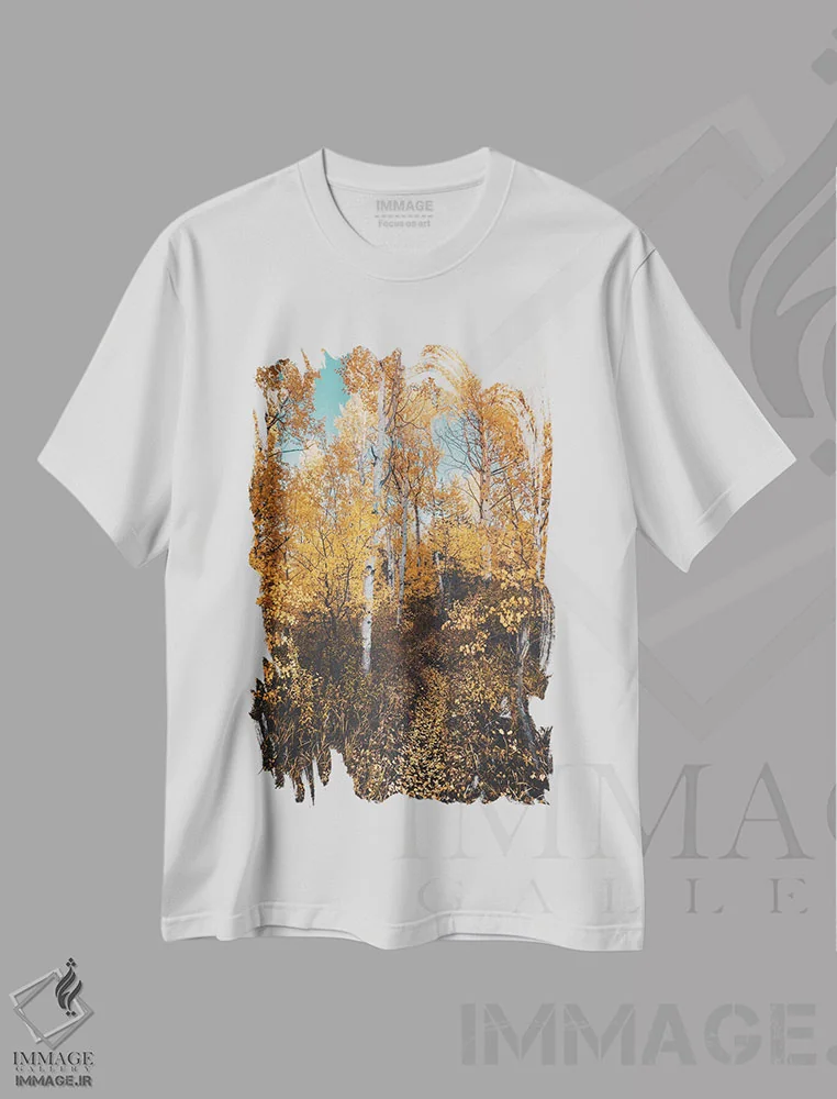 تیشرت سفید طرح دار – تیشرت پاییزی ,مسیر جنگلی پاییزی با برگ های زرد روی درختان آسپن اثر نیچر مجیک immage.ir