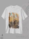 تیشرت سفید طرح دار – تیشرت پاییزی ,مسیر جنگلی پاییزی با برگ های زرد روی درختان آسپن اثر نیچر مجیک immage.ir
