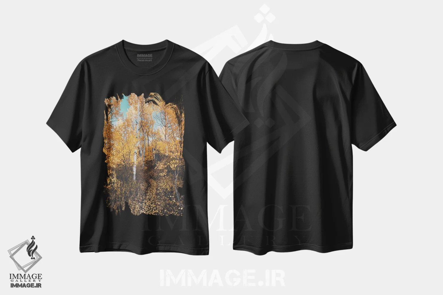 تیشرت مشکی طرح دار – تیشرت پاییزی ,مسیر جنگلی پاییزی با برگ های زرد روی درختان آسپن اثر نیچر مجیک فروشگاه ایماژ