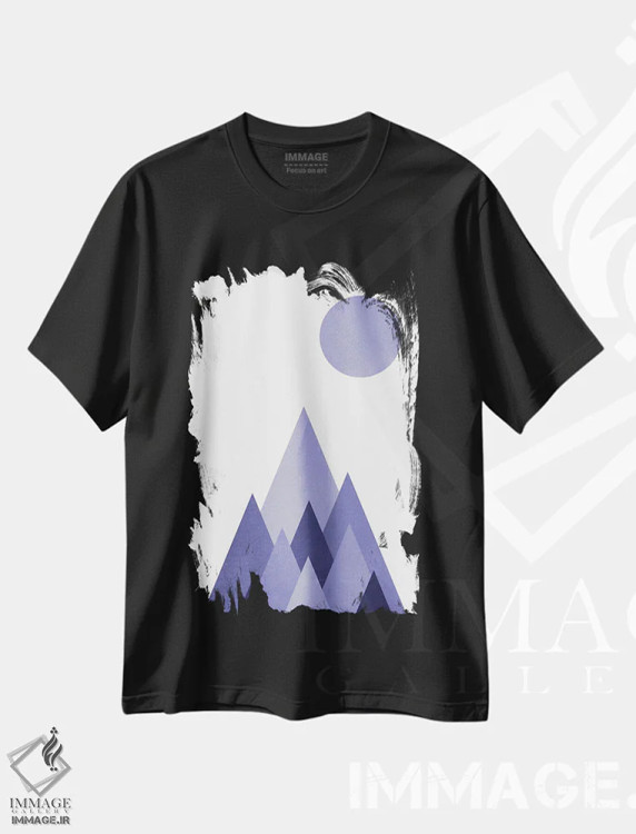 تیشرت مشکی طرح دار – تیشرت انتزاعی ,کوهستان هندسی به رنگ پری وینکل اثر نیچر مجیک فروشگاه ایماژ