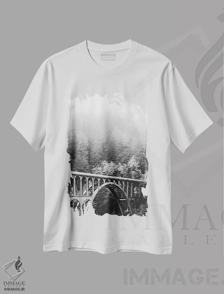 تیشرت سفید طرح دار – تیشرت سیاه سفید ,پل کیپ کریک، جنگل و ساحل زمستانی مه آلود اثر نیچر مجیک فروشگاه ایماژ