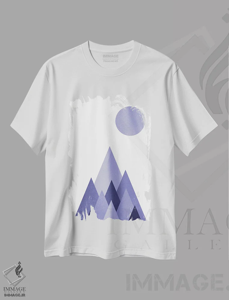 تیشرت سفید طرح دار – تیشرت انتزاعی ,کوهستان هندسی به رنگ پری وینکل اثر نیچر مجیک immage.ir