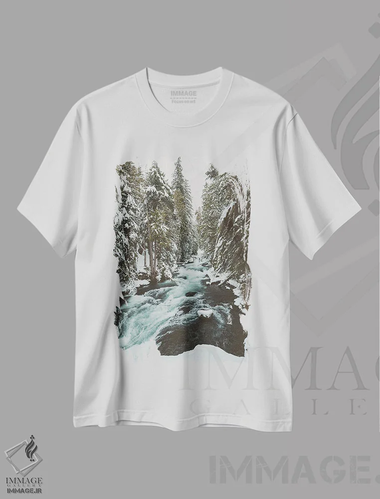 تیشرت سفید طرح دار – تیشرت طبیعت ,آب یخ زده و برف زمستانی رودخانه مک کنزی اثر نیچر مجیک فروشگاه ایماژ