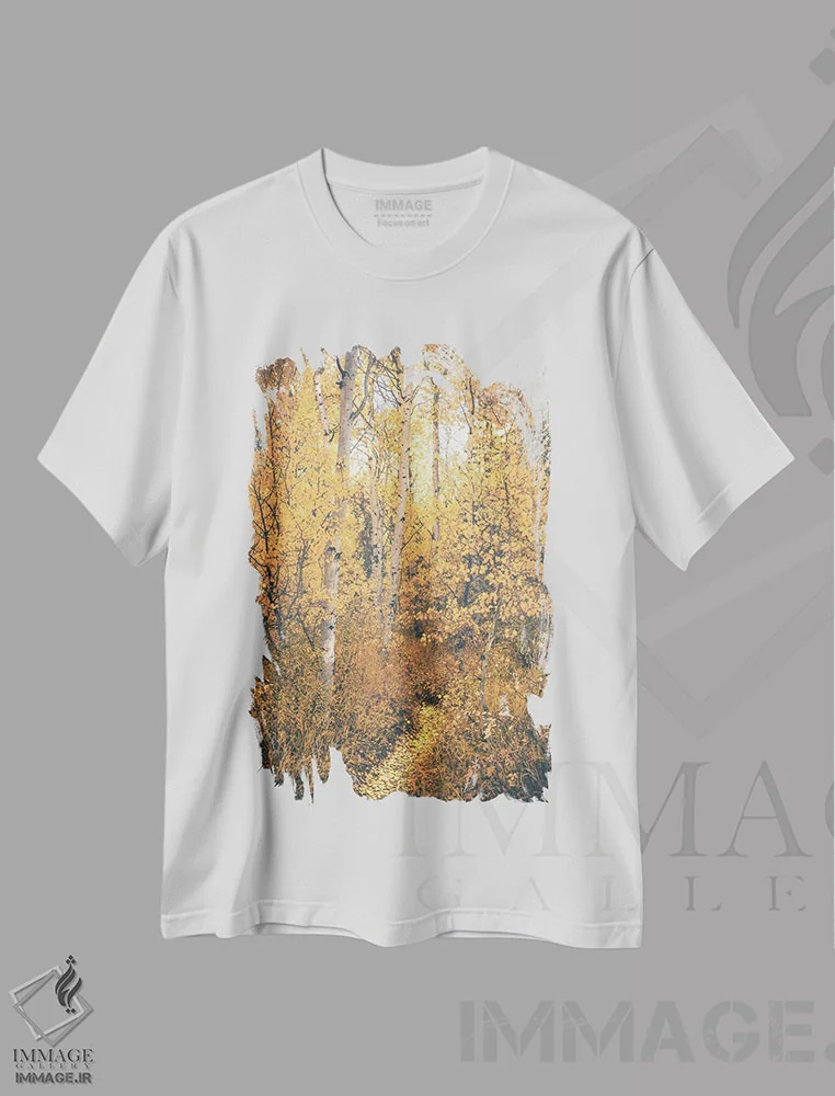 تیشرت سفید طرح دار – تیشرت طبیعت ,مسیر جادویی جنگل پاییزی با درختان آسپن و برگ های زرد اثر نیچر مجیک فروشگاه ایماژ