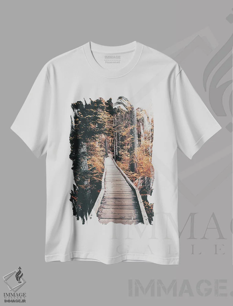 تیشرت سفید طرح دار – تیشرت منظره ,مسیر پاییزی جنگل در میان درختان اثر نیچر مجیک immage.ir