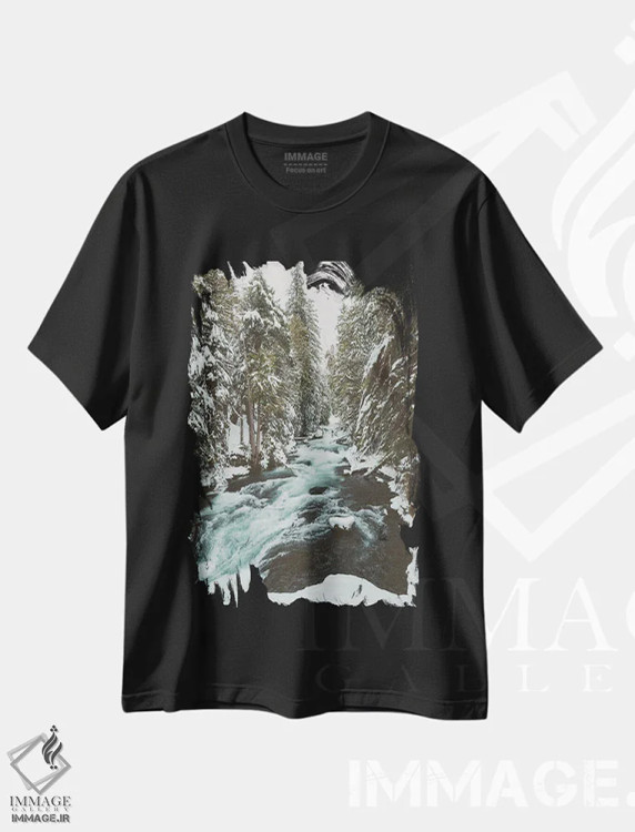 تیشرت مشکی طرح دار – تیشرت طبیعت ,آب یخ زده و برف زمستانی رودخانه مک کنزی اثر نیچر مجیک immage.ir