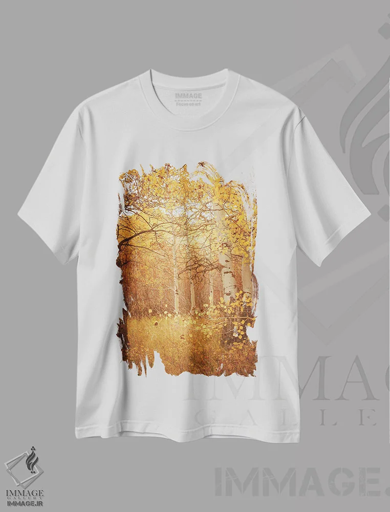 تیشرت سفید طرح دار – تیشرت طبیعت ,درختان آسپن پاییزی با برگ های زرد رویاگونه در جنگل اثر نیچر مجیک فروشگاه ایماژ