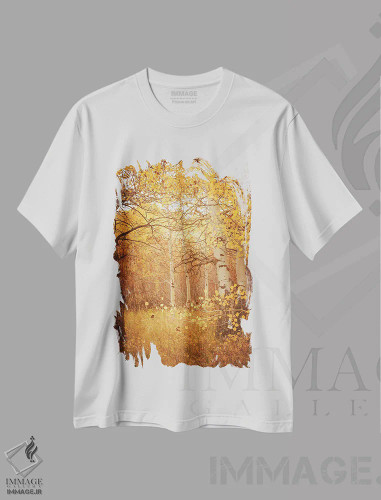 تیشرت سفید طرح دار – تیشرت طبیعت ,درختان آسپن پاییزی با برگ های زرد رویاگونه در جنگل اثر نیچر مجیک فروشگاه ایماژ