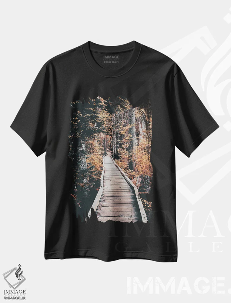 تیشرت مشکی طرح دار – تیشرت منظره ,مسیر پاییزی جنگل در میان درختان اثر نیچر مجیک فروشگاه ایماژ