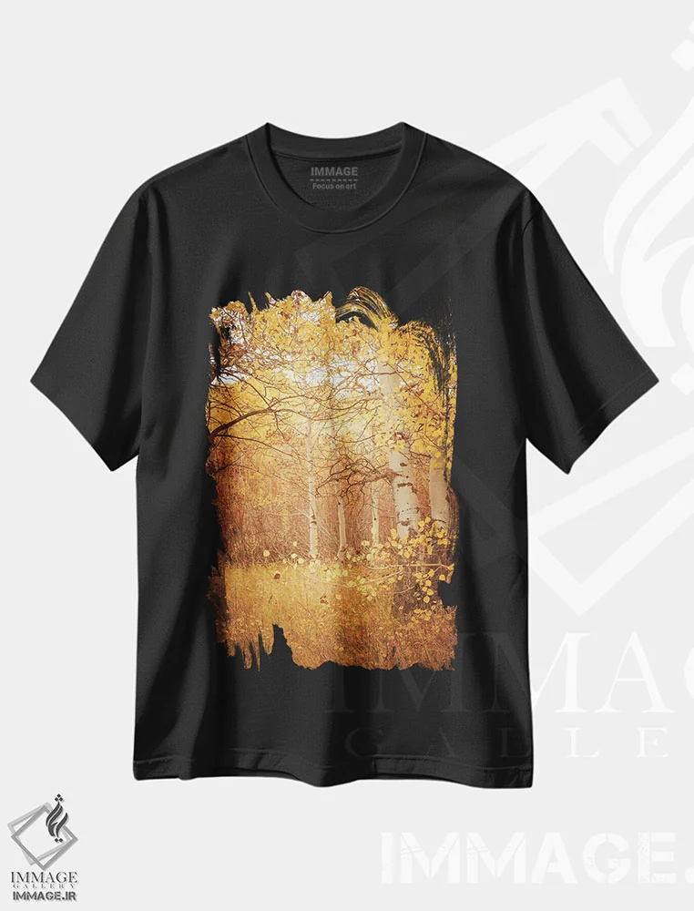 تیشرت مشکی طرح دار – تیشرت طبیعت ,درختان آسپن پاییزی با برگ های زرد رویاگونه در جنگل اثر نیچر مجیک immage.ir