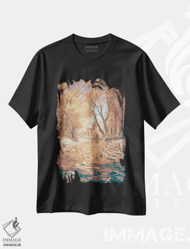 تیشرت مشکی طرح دار – تیشرت طبیعت ,آب رودخانه پاییزی و برگ های نارنجی درختان صنوبر در پارک ملی گرند تتون اثر نیچر مجیک فروشگاه ایماژ