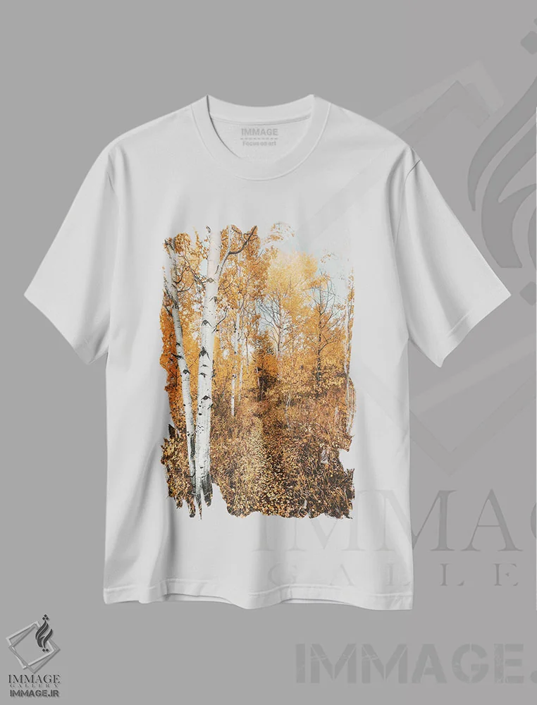 تیشرت سفید طرح دار – تیشرت پاییزی ,مسیر جنگلی پاییزی با درختان آسپن و برگ های نارنجی در پارک ملی گرند تتون اثر نیچر مجیک immage.ir