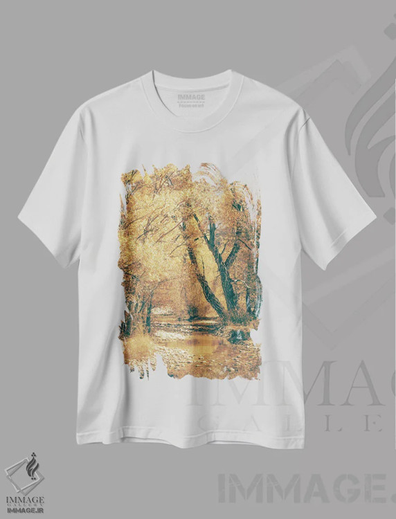 تیشرت سفید طرح دار – تیشرت طبیعت ,رودخانه پاییزی و برگ های پاییزی درختان صنوبر بر آب پارک ملی گرند تتون اثر نیچر مجیک immage.ir