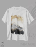 تیشرت سفید طرح دار – تیشرت انتزاعی ,نقاشی انتزاعی جنگل کوهستانی طلایی اثر نیچر مجیک فروشگاه ایماژ