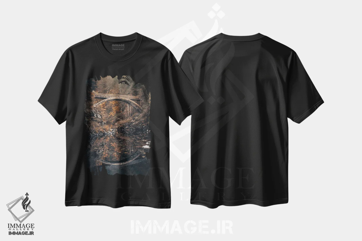 تیشرت مشکی طرح دار – تیشرت منظره ,بازتاب پاییزی پل مولتون فالز با برگ های پاییزی در رودخانه لوئیس اثر نیچر مجیک immage.ir