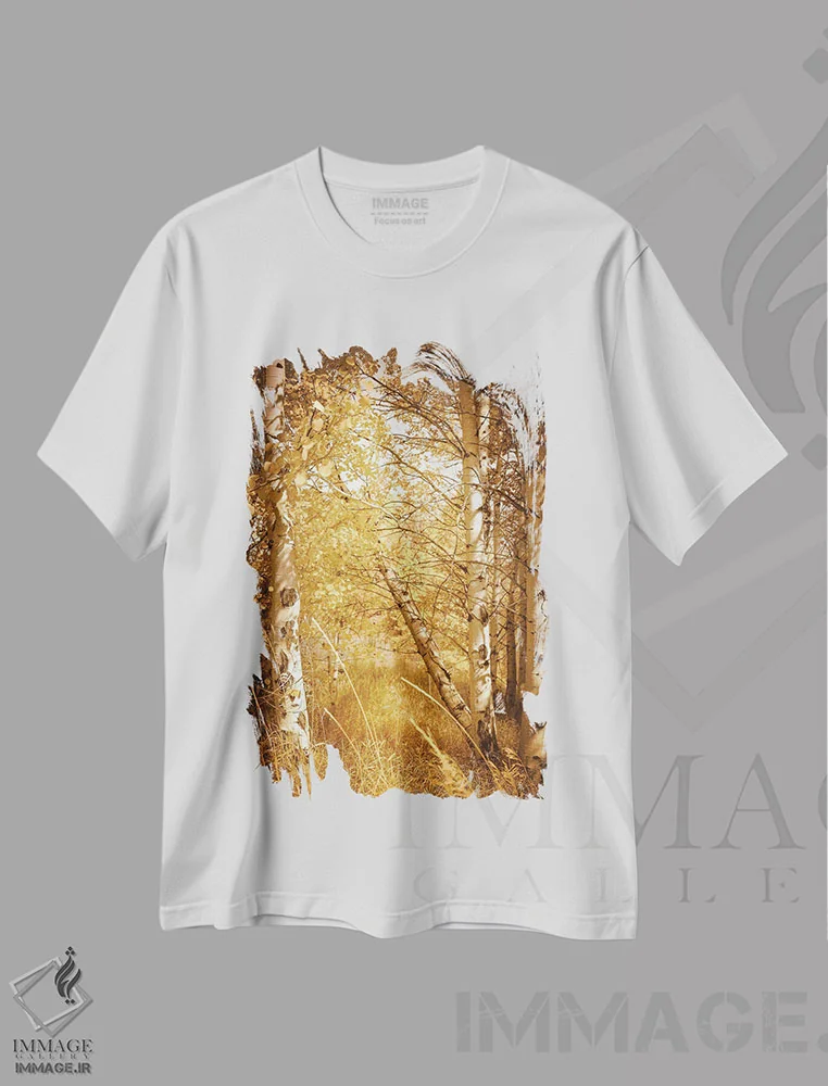 تیشرت سفید طرح دار – تیشرت طبیعت ,درختان آسپن پاییزی با برگ های زرد در جنگل روستایی اثر نیچر مجیک immage.ir