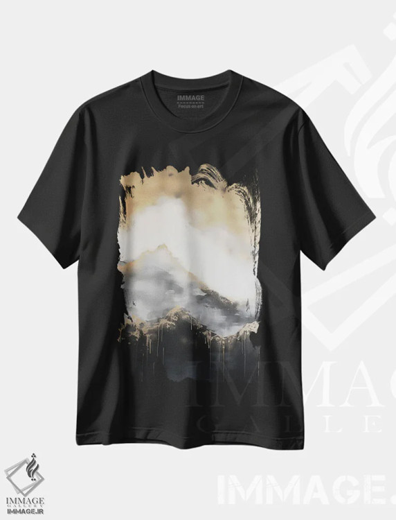 تیشرت مشکی طرح دار – تیشرت انتزاعی ,نقاشی انتزاعی جنگل کوهستانی طلایی اثر نیچر مجیک immage.ir