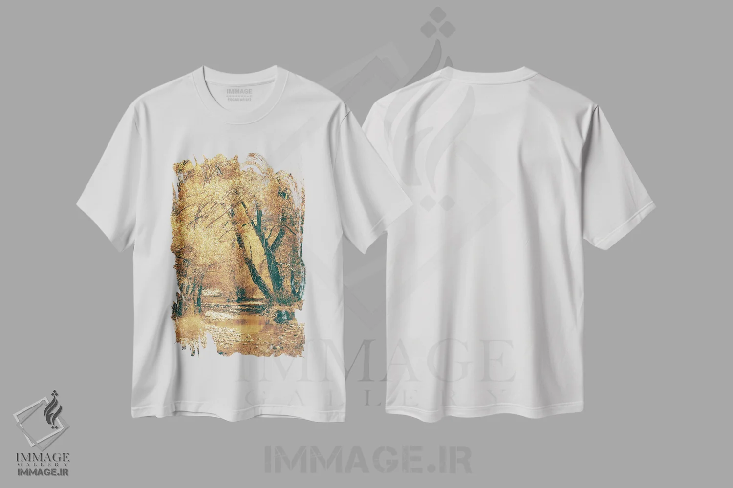 تیشرت سفید طرح دار – تیشرت طبیعت ,رودخانه پاییزی و برگ های پاییزی درختان صنوبر بر آب پارک ملی گرند تتون اثر نیچر مجیک immage.ir