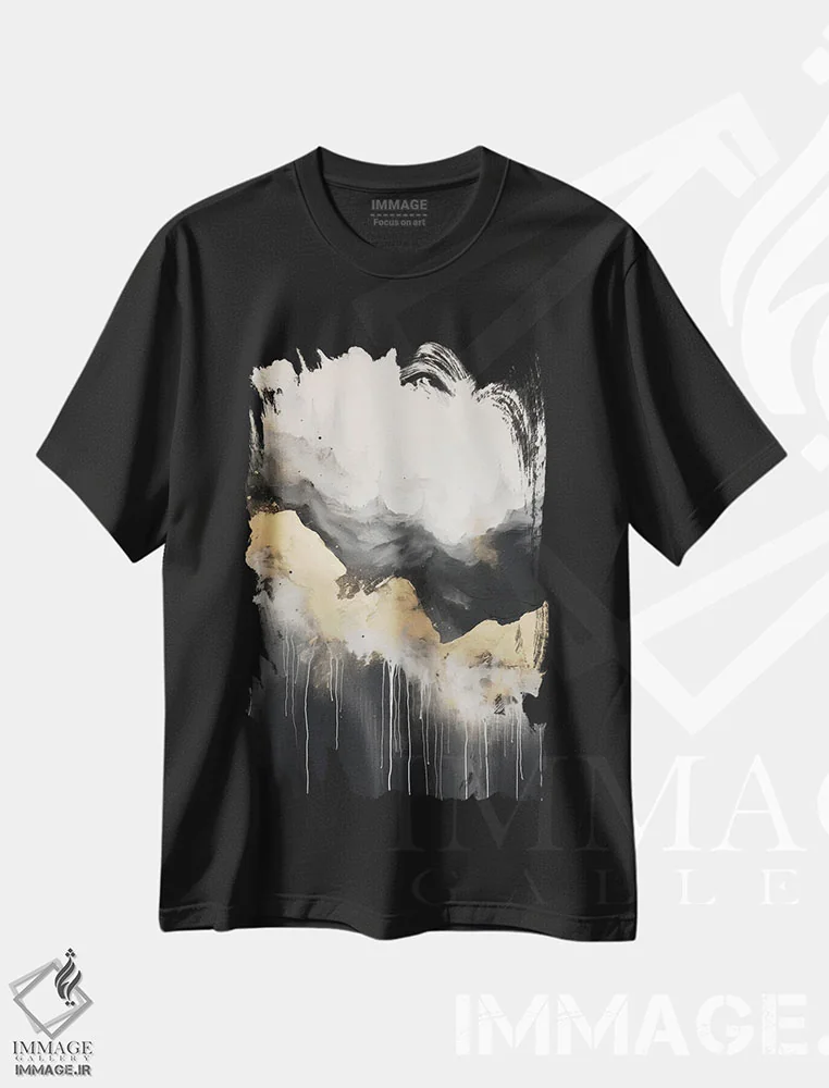 تیشرت مشکی طرح دار – تیشرت انتزاعی ,نقاشی انتزاعی جنگل کوهستانی طلایی II اثر نیچر مجیک فروشگاه ایماژ
