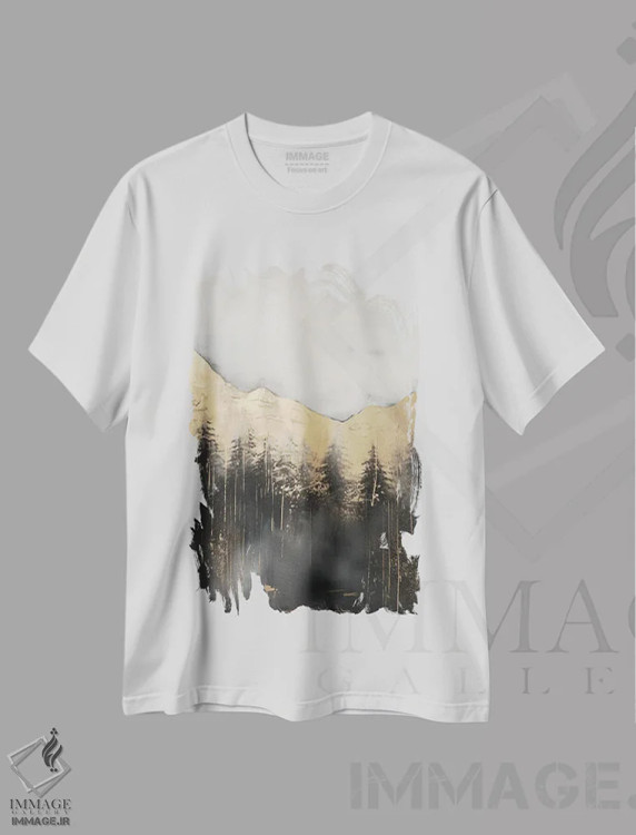 تیشرت سفید طرح دار – تیشرت گرافیکی ,نقاشی انتزاعی جنگل کوهستانی طلایی III اثر نیچر مجیک فروشگاه ایماژ