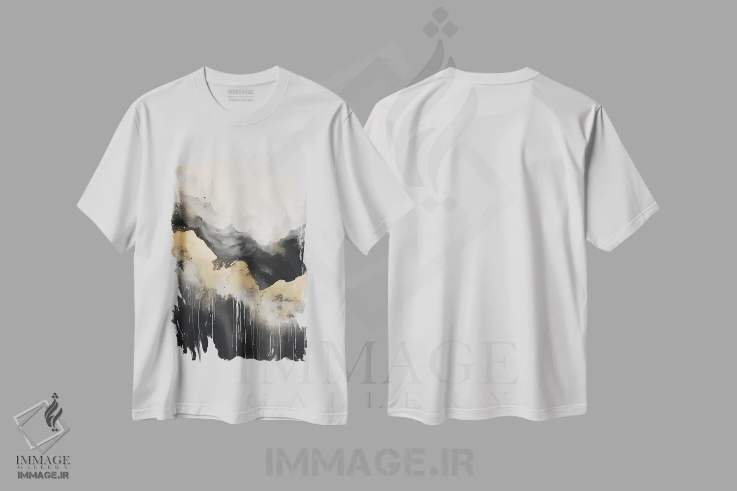 تیشرت سفید طرح دار – تیشرت انتزاعی ,نقاشی انتزاعی جنگل کوهستانی طلایی II اثر نیچر مجیک immage.ir