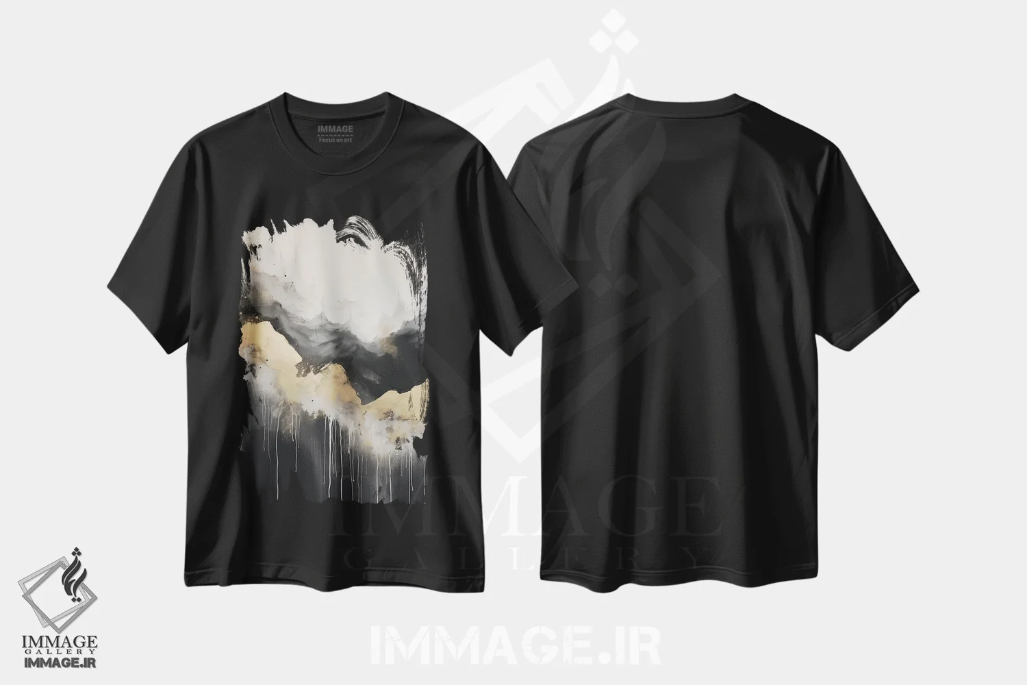 تیشرت مشکی طرح دار – تیشرت انتزاعی ,نقاشی انتزاعی جنگل کوهستانی طلایی II اثر نیچر مجیک فروشگاه ایماژ