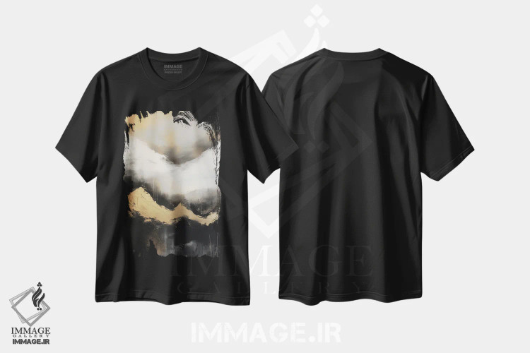 تیشرت مشکی طرح دار – تیشرت هنری ,نقاشی انتزاعی جنگل کوهستانی طلایی IV اثر نیچر مجیک فروشگاه ایماژ
