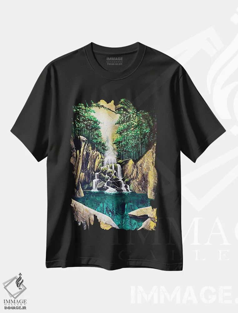 تیشرت مشکی طرح دار – تیشرت طبیعت ,آبشار اخگر اثر مایکل گلدزوایگ فروشگاه ایماژ
